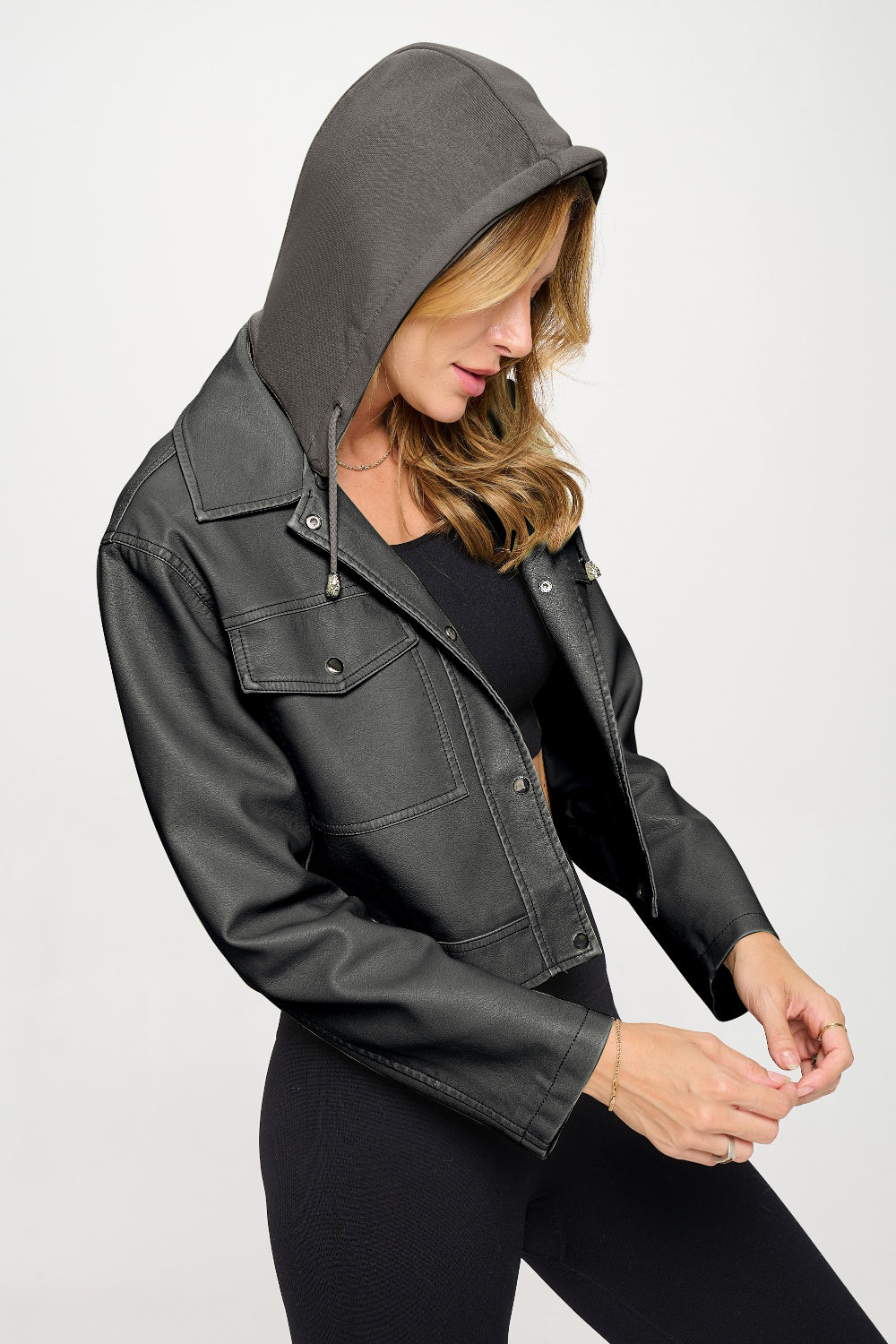 Coalition LA Snap Down Cropped Hooded Jacket - Tigbul's Variety Fashion Shop