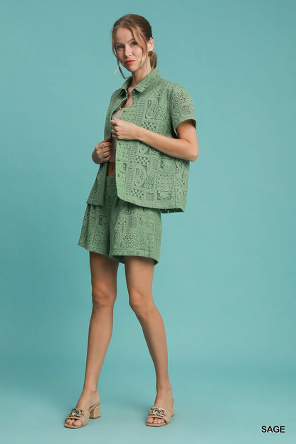 Umgee Patch Lace Short Sleeve Button Down Shirt - Tigbul's Variety Fashion Shop