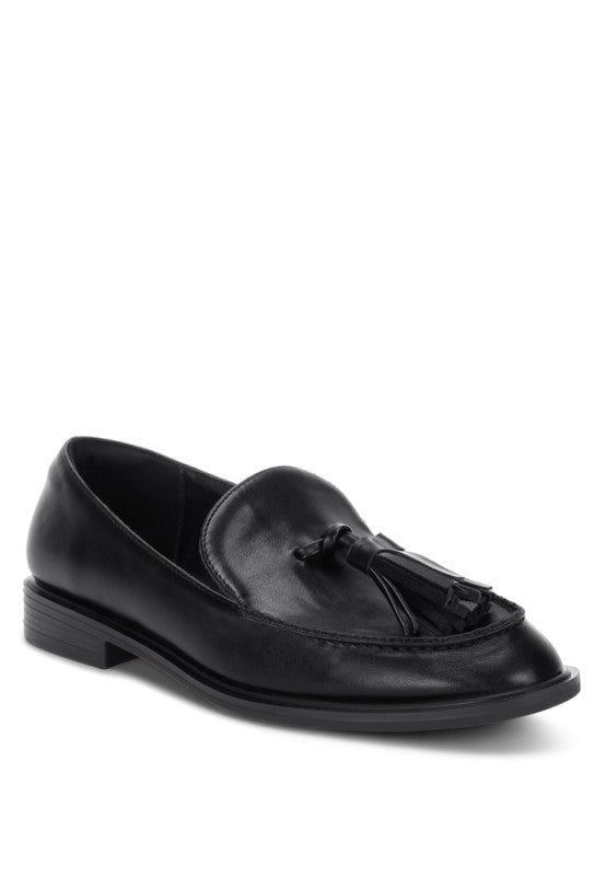 Black tassel accent loafer with closed round toe and stacked block heel