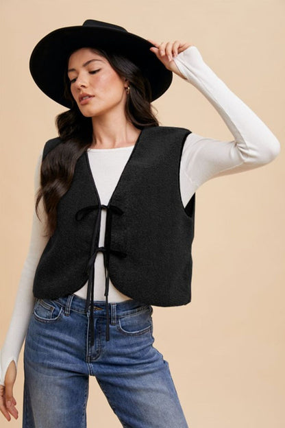 Annie Wear V-Neck Tie Detail Vest Coat - Tigbul's Variety Fashion Shop