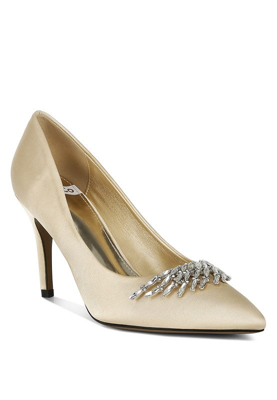 Rhodolia Diamante Brooch Detail Satin Pumps - Tigbul's Variety Fashion Shop