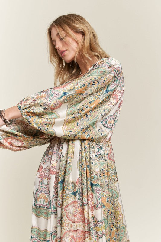 Light Green Printed V-Neck Batwing Sleeve Dress - Tigbul's Variety Fashion Shop