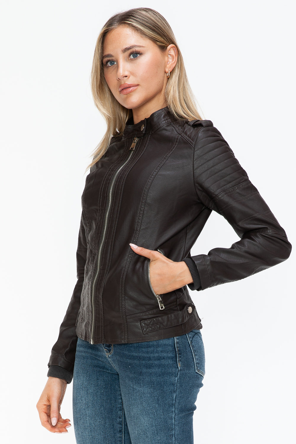 Brown PU Leather Biker Jacket with Side Zip Pockets