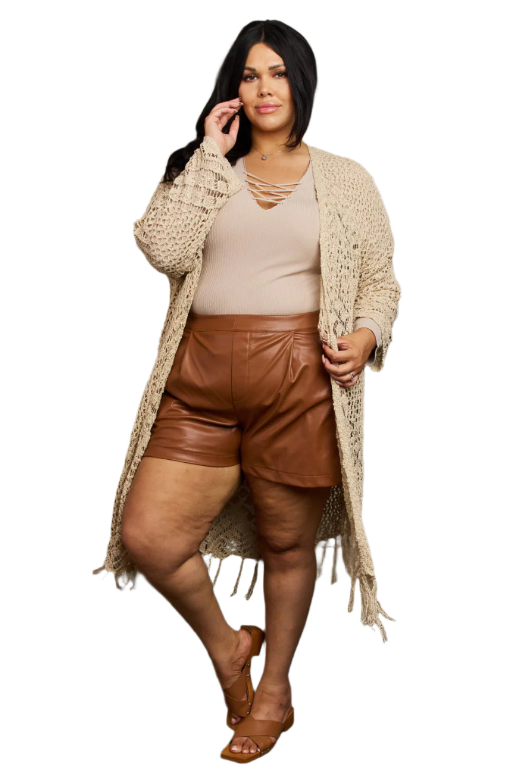 Tan Boho Plus Size 1XL Western Knit Fringe Cardigan | Tigbuls