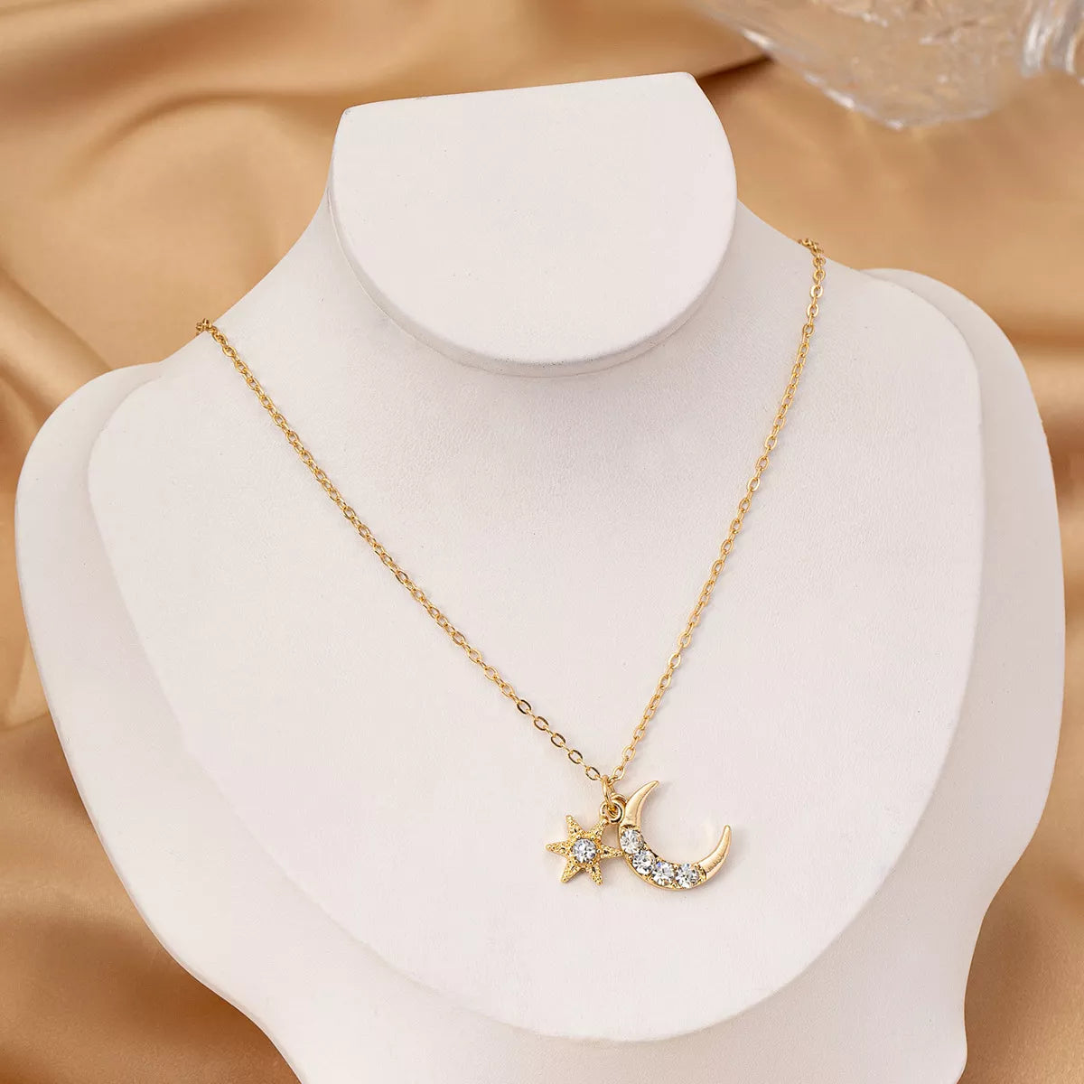 18K Gold-Plated Rhinestone Star & Moon Necklace - Tigbul's Variety Fashion Shop