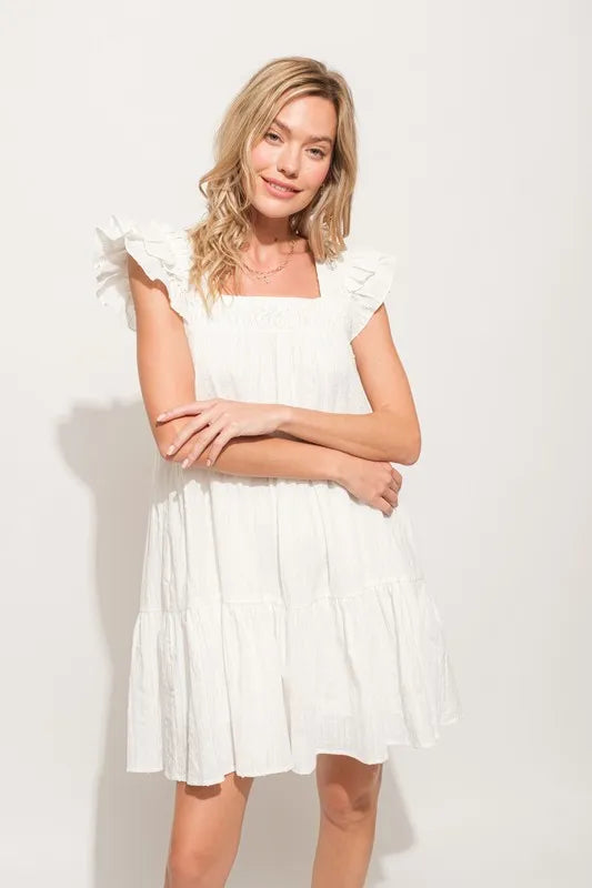 Origami Pleating Ruffled Sleeve Off White Tiered Dress - Tigbul's Variety Fashion Shop