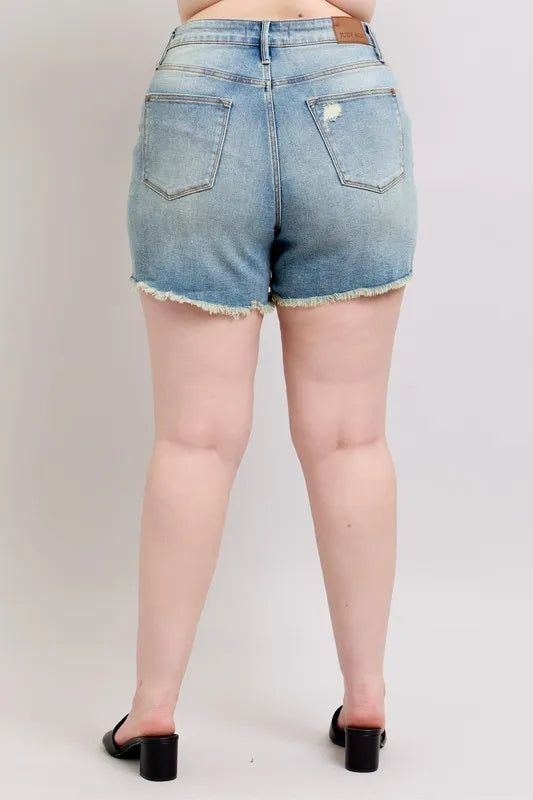 Judy Blue Plus Size High Rise Washed Fly Stitch Detail and Destroy Denim Shorts - Tigbul's Variety Fashion Shop