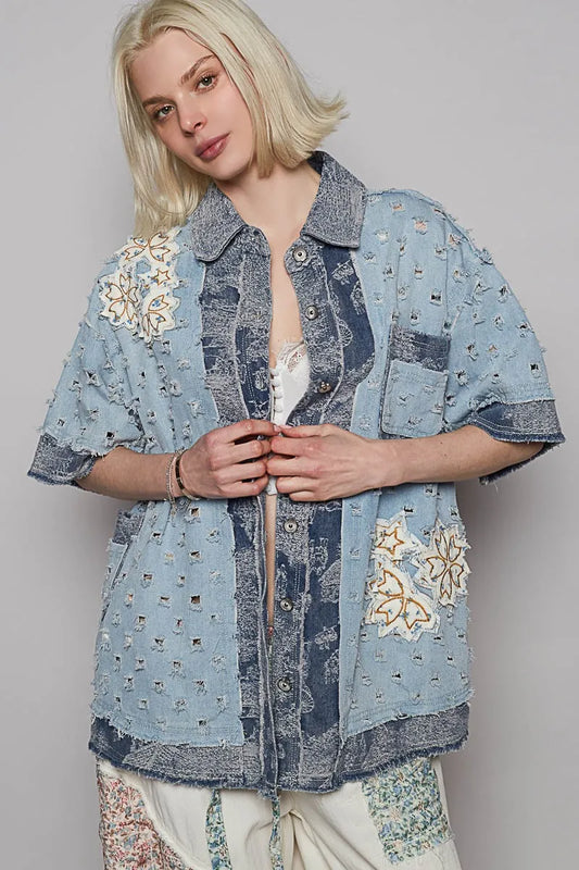 POL Distressed Button Up Half Sleeve Denim Shirt - Tigbul's Variety Fashion Shop