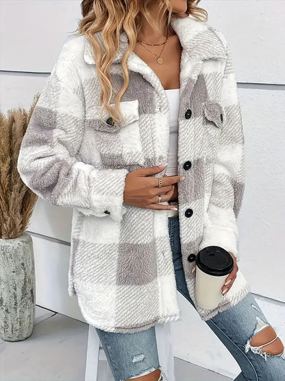 Plaid Dropped Shoulder Long Sleeve Plush Coat - Tigbul's Variety Fashion Shop