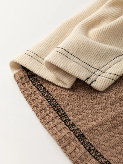 Color Block Waffle Knit Stitch Detail Long Sleeve Top - Tigbul's Variety Fashion Shop