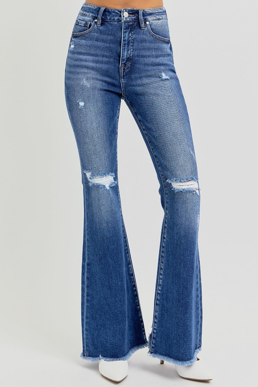 RISEN Full Size High Rise Distressed Raw Hem Flare Jeans - Tigbul's Variety Fashion Shop