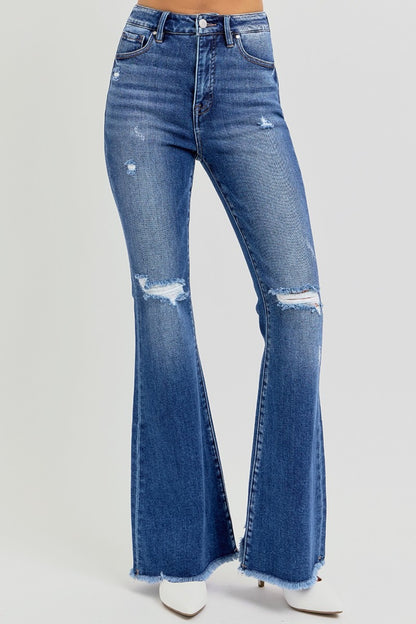 RISEN Full Size High Rise Distressed Raw Hem Flare Jeans - Tigbul's Variety Fashion Shop