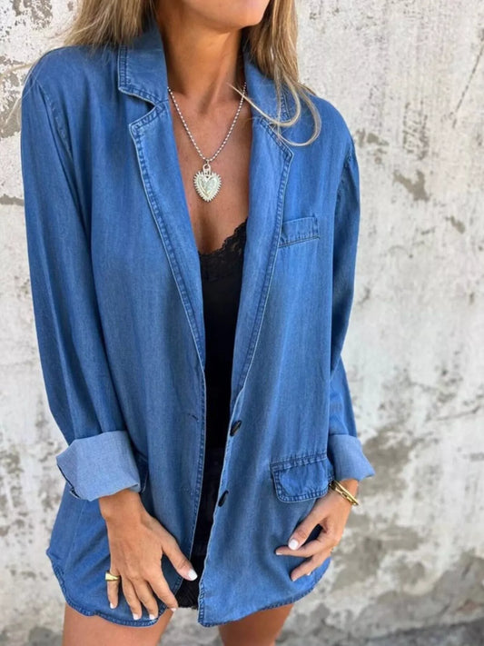 Full Size Button Down Denim Blazer Plus Size - Tigbul's Variety Fashion Shop