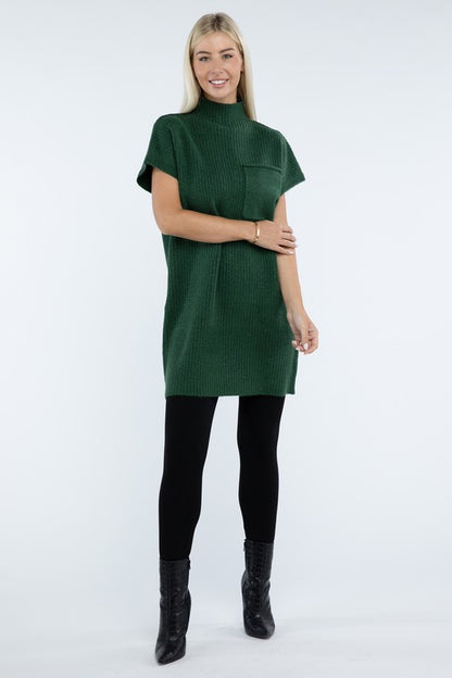 Mock Neck Short Sleeve Sweater Dress with Pocket - Tigbul's Variety Fashion Shop