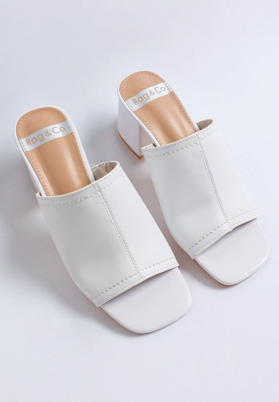 White slip-on soft leather block-heel sandals with open squared toe