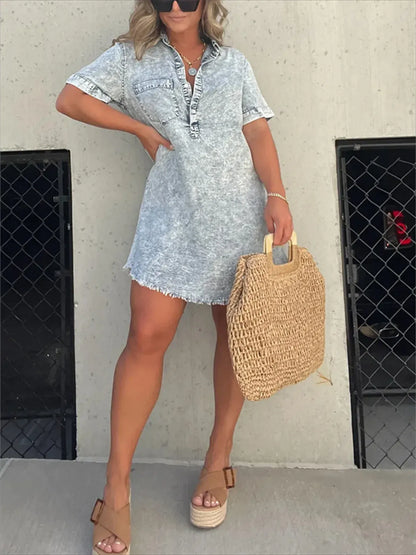 Full Size Raw Hem Short Sleeve Denim Dress Plus Size - Tigbul's Variety Fashion Shop