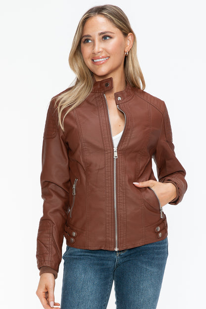 Brown Faux Leather Biker Jacket with Side Zip Pockets