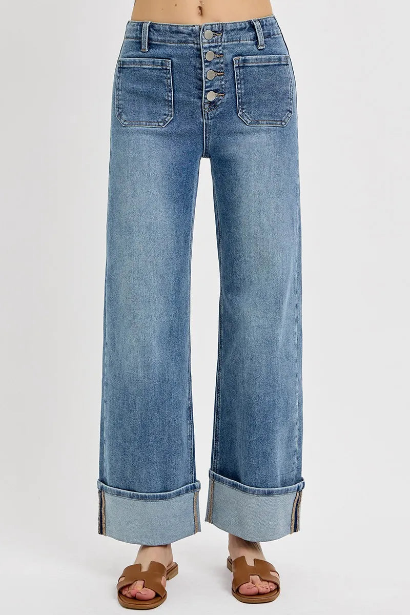 RISEN High Rise Ankle Wide Button Patch Pocket Cuffed Jeans - Tigbul's Variety Fashion Shop