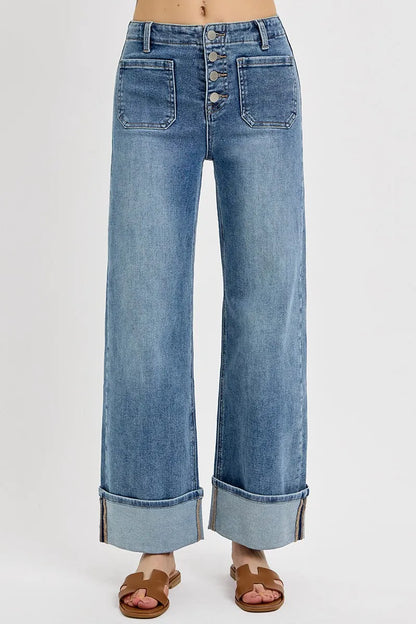 RISEN High Rise Ankle Wide Button Patch Pocket Cuffed Jeans - Tigbul's Variety Fashion Shop