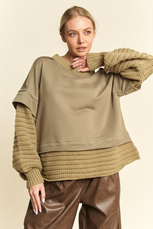 Olive Faux Layered Round Neck Sweater - Tigbul's Variety Fashion Shop