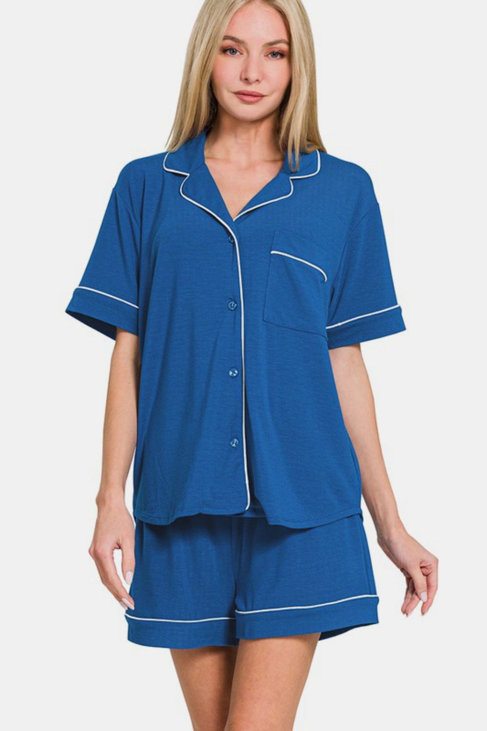 Zenana Button Down Short Sleeve Top and Shorts Lounge Set - Tigbul's Variety Fashion Shop