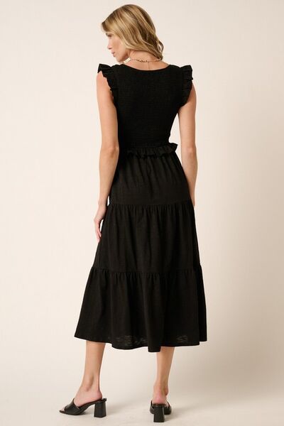 Black Smocked Ruffled Tiered Midi Dress - Tigbul's Variety Fashion Shop