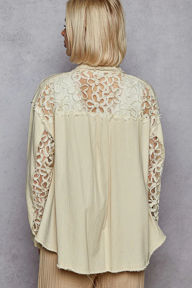 POL Button Down Raw Edg Shirt with Pearl Lace Patch - Tigbul's Variety Fashion Shop