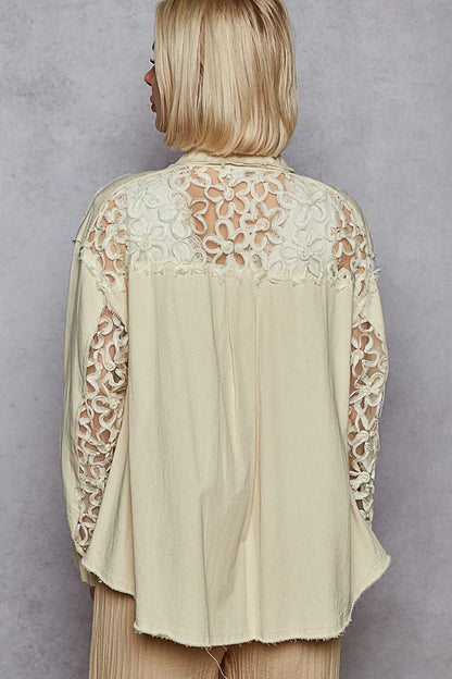 POL Button Down Raw Edg Shirt with Pearl Lace Patch - Tigbul's Variety Fashion Shop