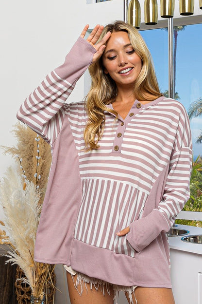 BiBi Striped Thumbhole Long Sleeve Top - Tigbul's Variety Fashion Shop