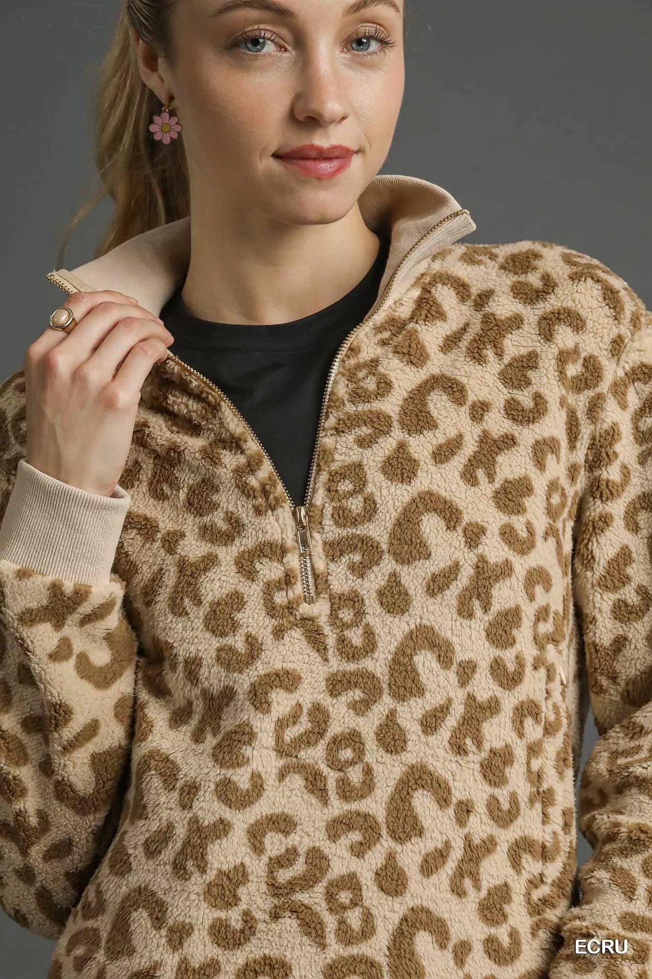 Umgee Leopard Print Quarter-Zip Sweatshirt - Tigbul's Variety Fashion Shop