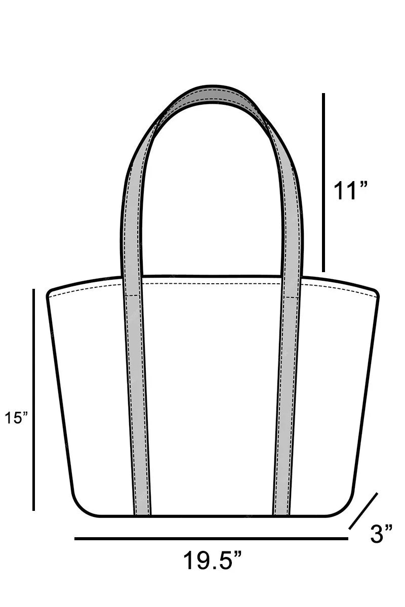 Size diagram for large suede shoulder bag: 19.5"W, 11"H, 15" handle