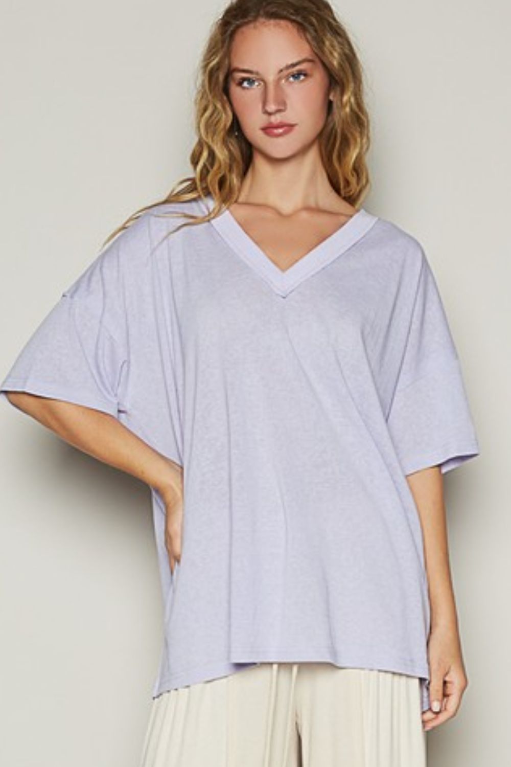 Lilac V-Neck Half Sleeve T-Shirt - Tigbul's Variety Fashion Shop