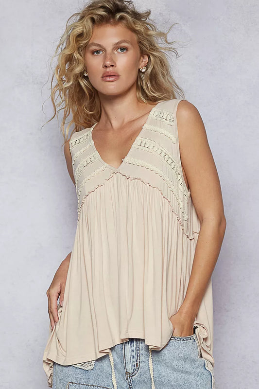 POL Lace Trim Babydoll Sleeveless Top with Ruffled and Raw Edge Detail - Tigbul's Variety Fashion Shop