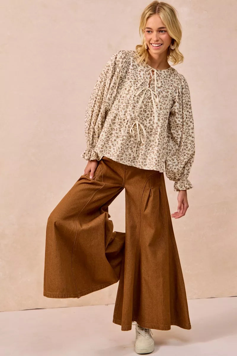 BiBi Floral Printed Peplum Blouse with Shirring and Tied - Tigbul's Variety Fashion Shop