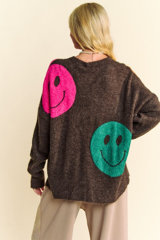 Davi & Dani Contrast Smile Round Neck Oversize Sweater - Tigbul's Variety Fashion Shop