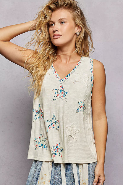POL Floral Print Star Patch V-Neck Ribbed Tank | Tigbuls Variety
