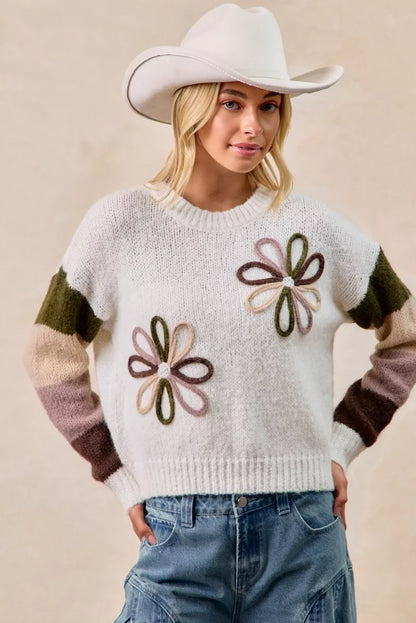 BiBi Flower Color Block Sweater - Tigbul's Variety Fashion Shop