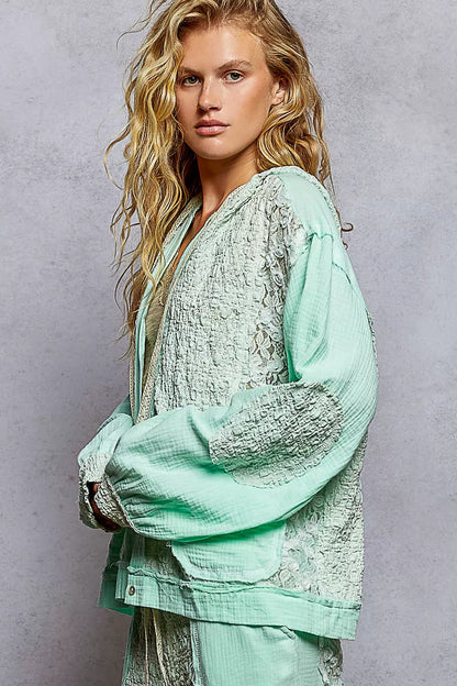 POL Exposed Seam Button Down Hooded Jacket with Lace Detail - Tigbul's Variety Fashion Shop