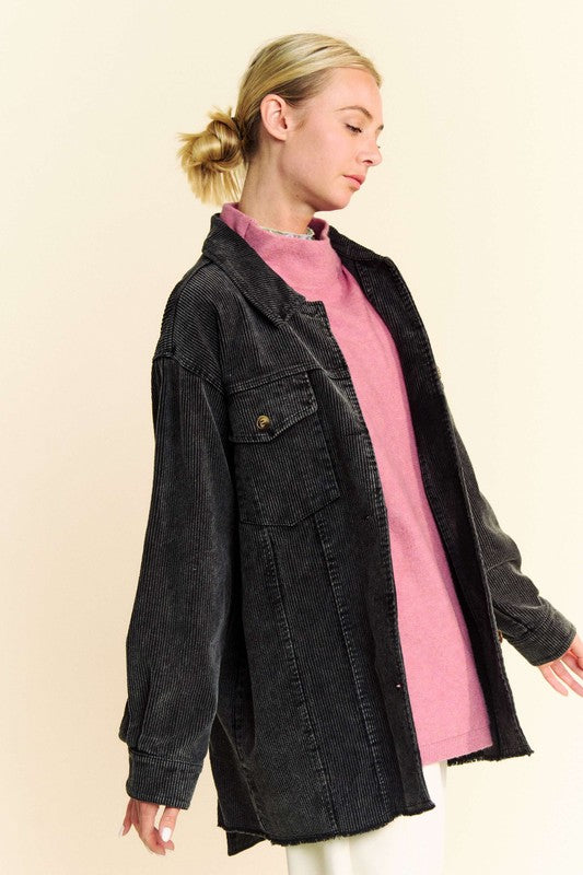 Black Washed Look Corduroy Raw Hem Button Up Jacket - Tigbul's Variety Fashion Shop