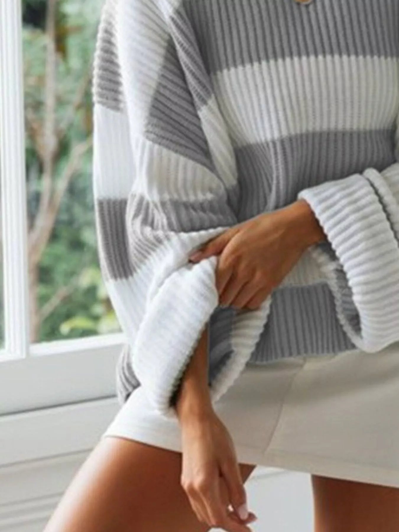 Full Size Contrast Striped Round Neck Sweater Plus Size - Tigbul's Variety Fashion Shop