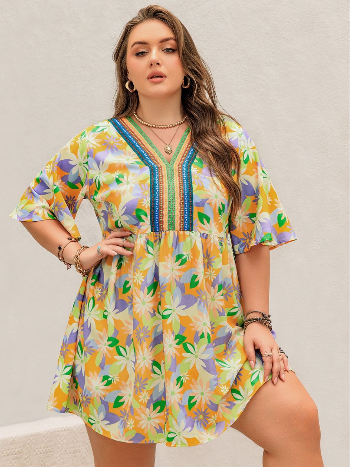 Plus Size Printed V-Neck Half Sleeve Mini Dress - Tigbul's Variety Fashion Shop