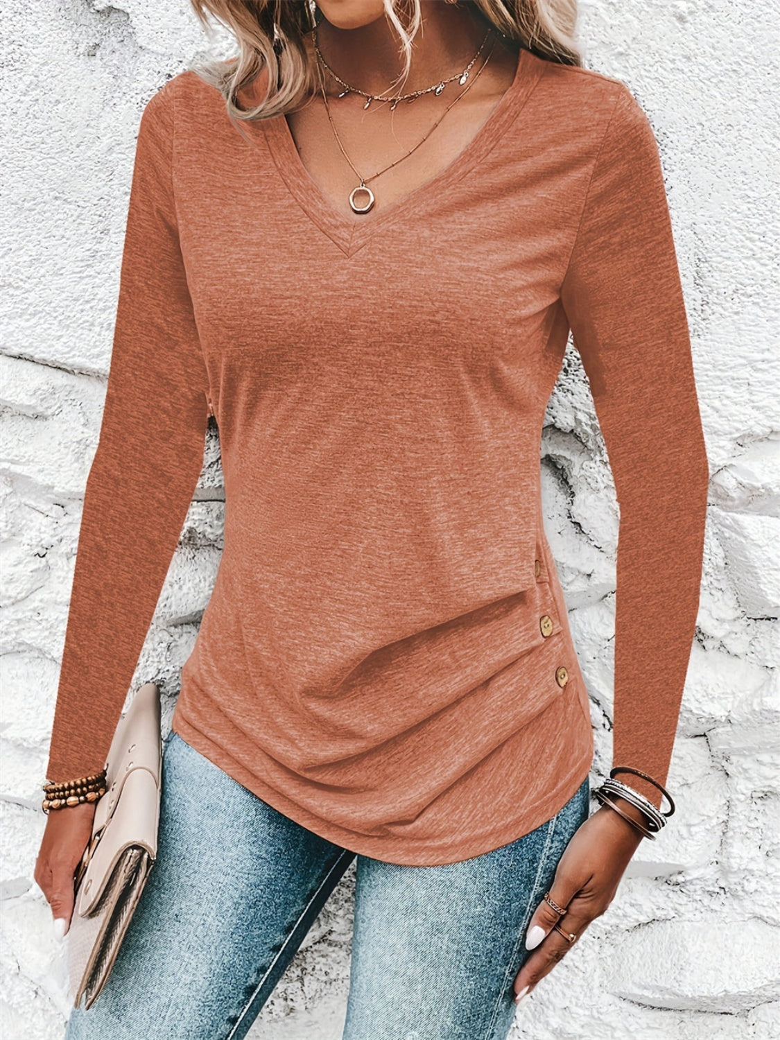 Heathered V-Neck Long Sleeve T-Shirt - Tigbul's Variety Fashion Shop