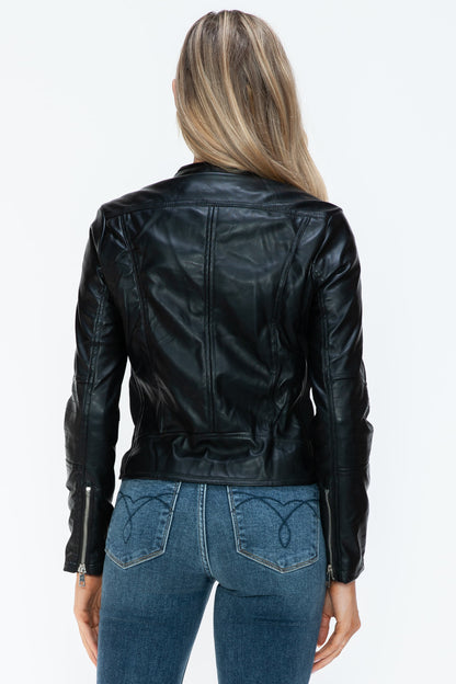 Black PU Leather Zip Up Jacket with Pockets