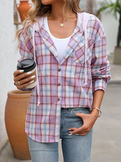 Hooded Plaid Button-Up Shirt - Tigbul's Variety Fashion Shop