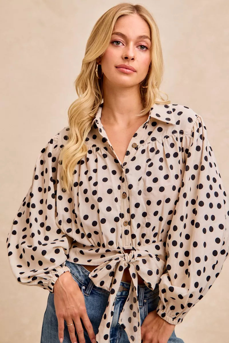 BiBi Polka Dot Print Tie Hem Detail Crop Shirt - Tigbul's Variety Fashion Shop