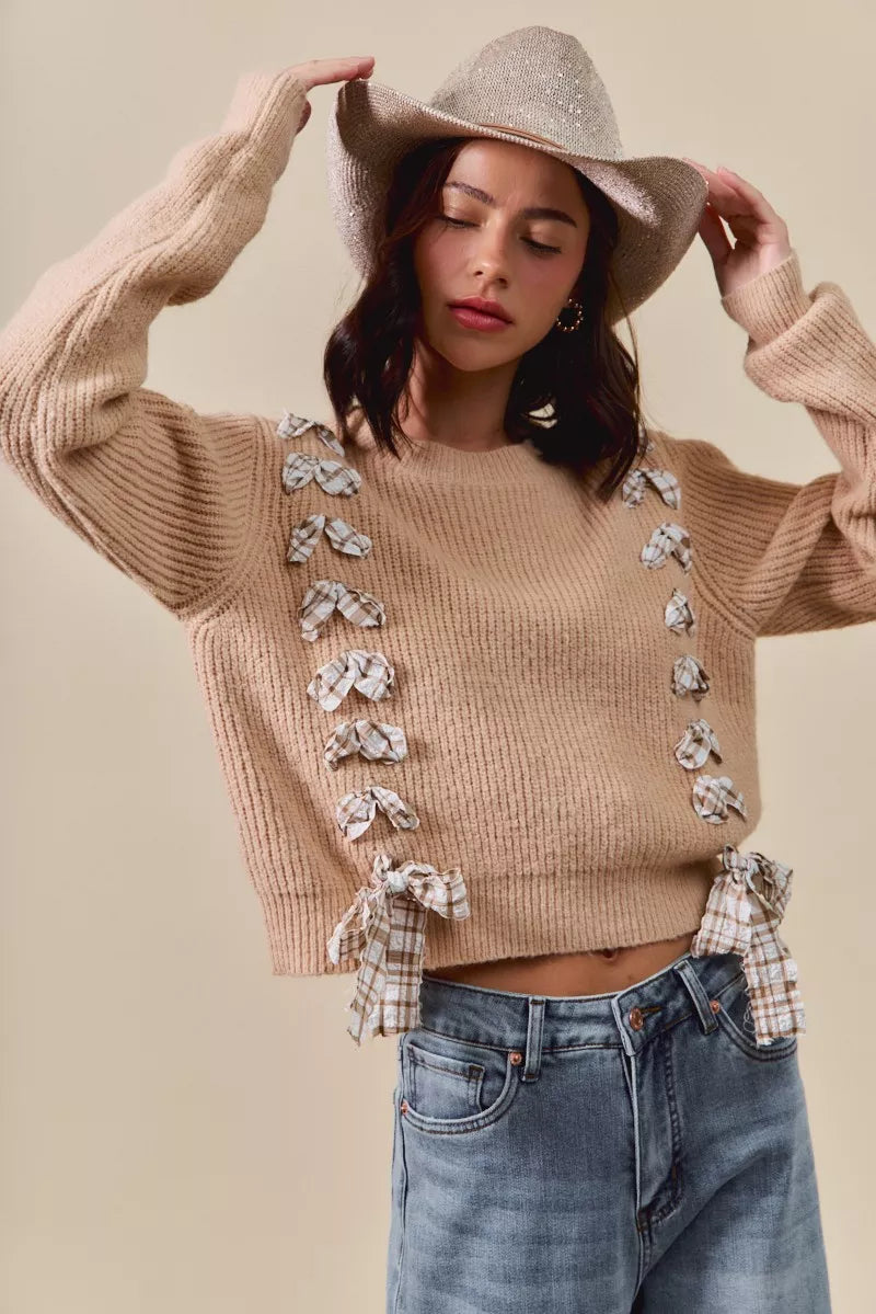 SO ME Checkered Plaid Tape Lace Up Ribbed Sweater - Tigbul's Variety Fashion Shop