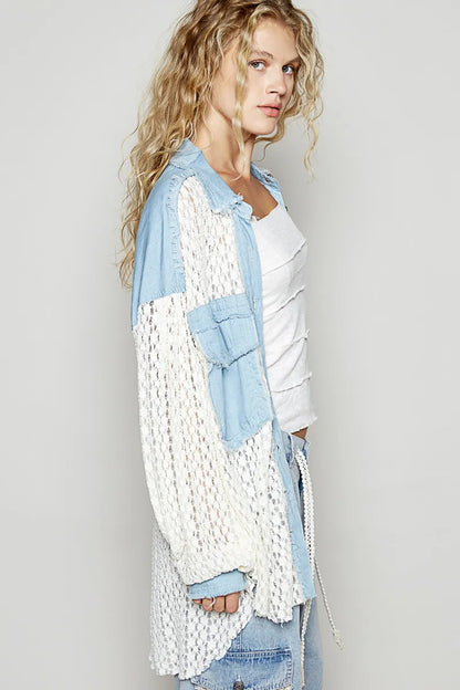 POL High-Low Denim Patchwork Lace Shirt - Tigbul's Variety Fashion Shop