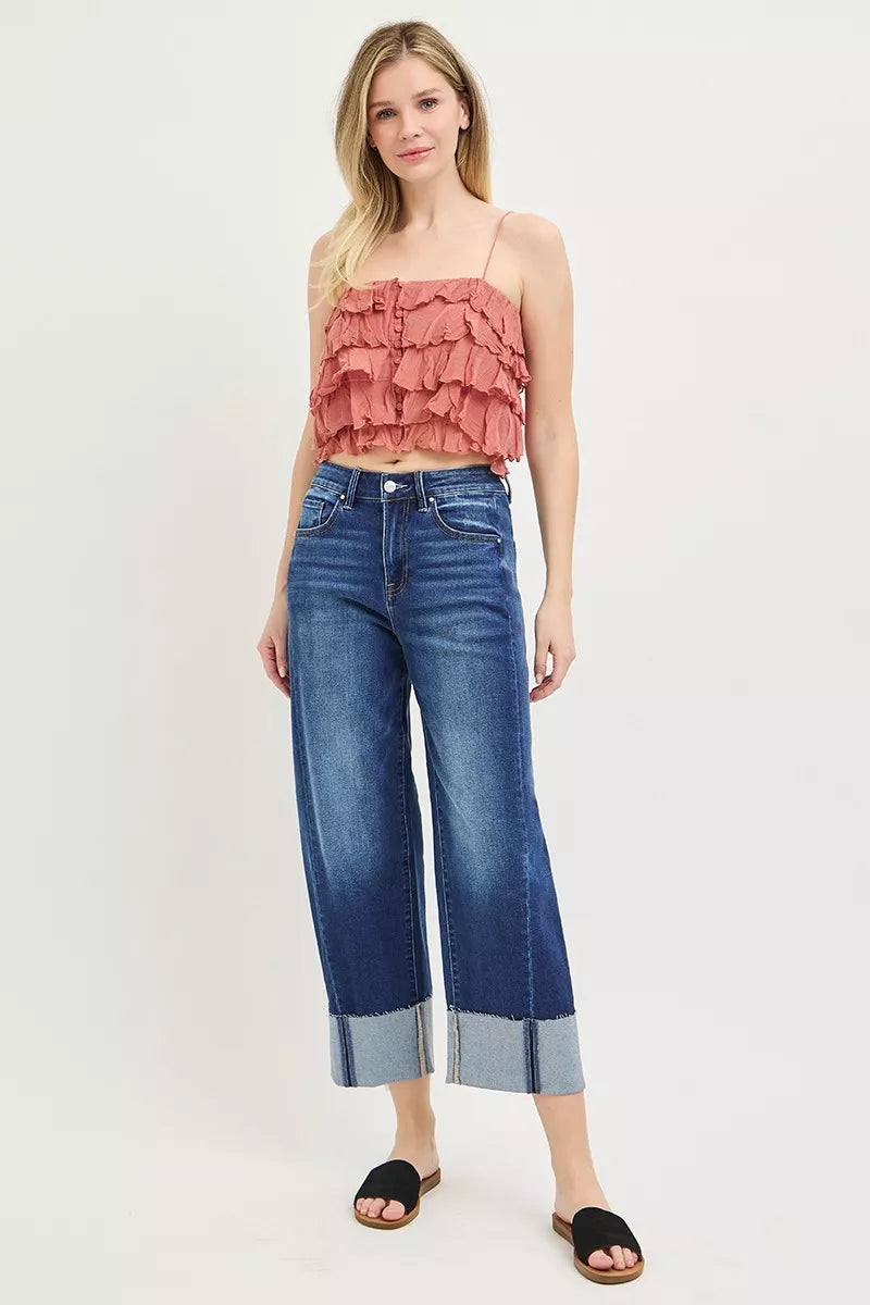 Dark blue barrel cuff crop jeans with contrast cuff hem and classic five-pocket styling