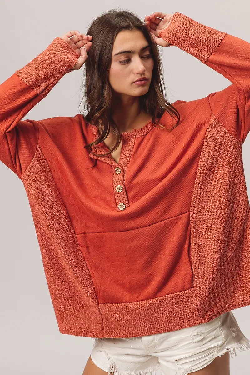 BiBi French Terry Knit Side Block Buttoned Henley Top - Tigbul's Variety Fashion Shop