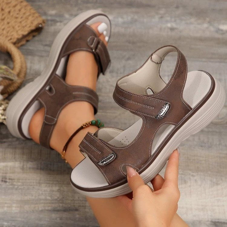 Women's Velcro open-toe sandals, brown leather-look straps with hook-and-loop closures